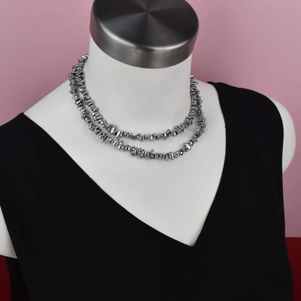 Super long silver hematite necklace boho, unique unusual stone necklace